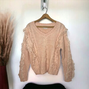 TWELFTH LOVE Pink Wool Blend Cable Knit Braided Fringe Trim Pullover Sweater